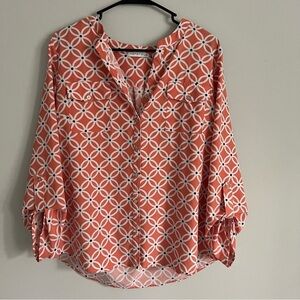 Notations Peachy Orange Abstract Floral Print V Neck Button Down Blouse